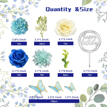 BANBALLON 19 PCS Flower Cake Toppers Set - Blue Artificial Roses & Eucalyptus Butterflies for Birthday, Wedding, Baby Shower Decorations