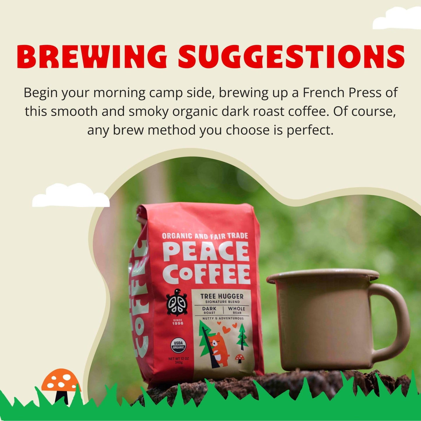 Peace Coffee Tree Hugger Signature Blend | 20 Oz Ground Dark Roast | Organic Fair Trade | Soft, Smooth Flavor | Shade Grown, Fresh Roasted