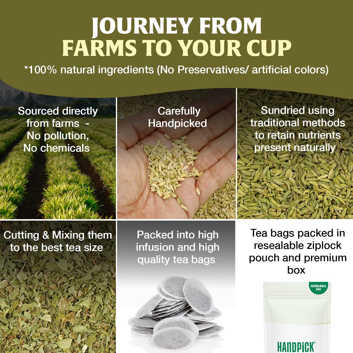 HANDPICK Fennel Tea Bags - 100 Caffeine Free Herbal Tea Bags, Made from 100% Natural Whole Fennel Seeds, Premium Quality, Sweet Taste & Aroma