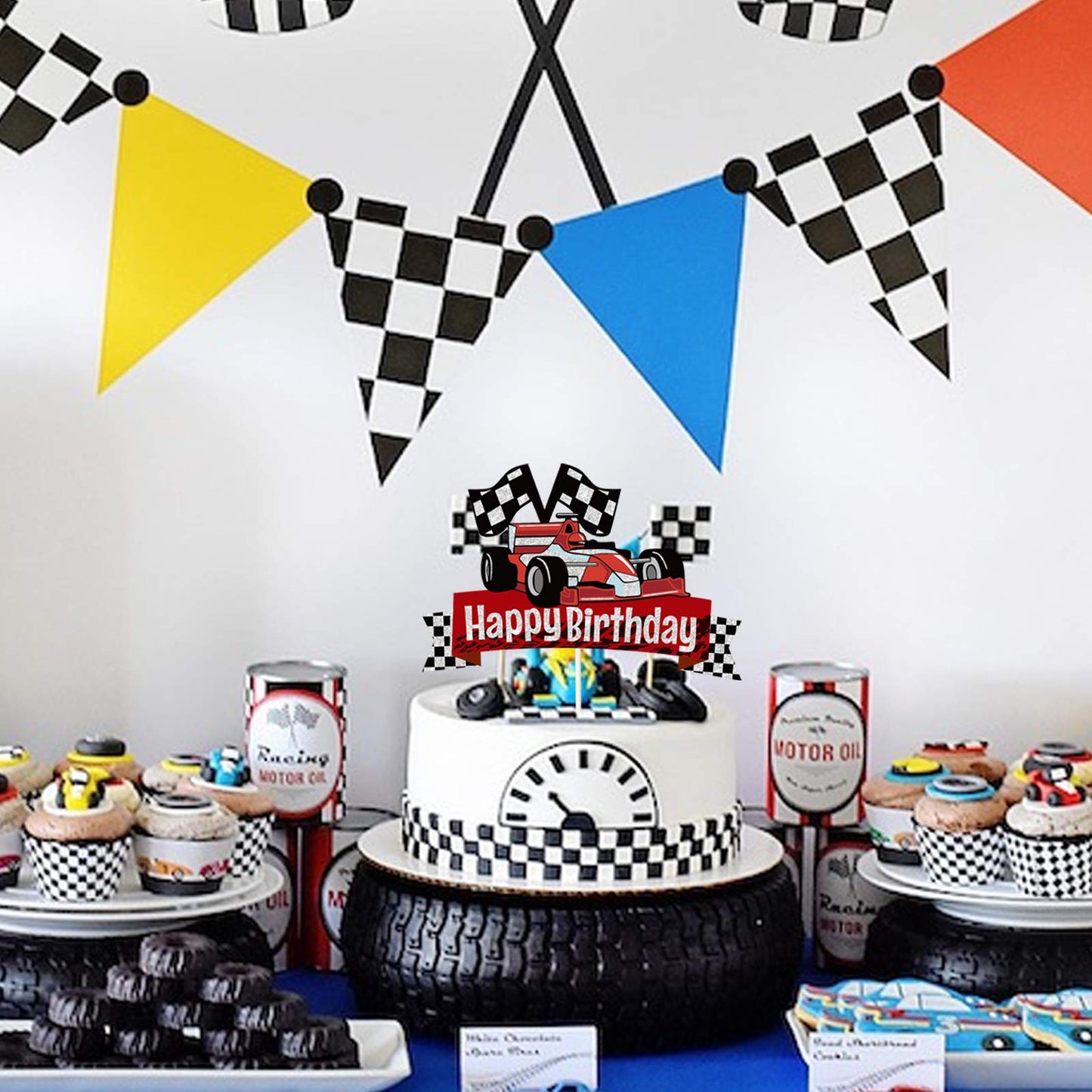 EQ EvaIrisQing Glitter Race Car Cake Topper - Racing Car Theme Party Supplies, Paper Material, Happy Birthday Decor for Boys and Girls