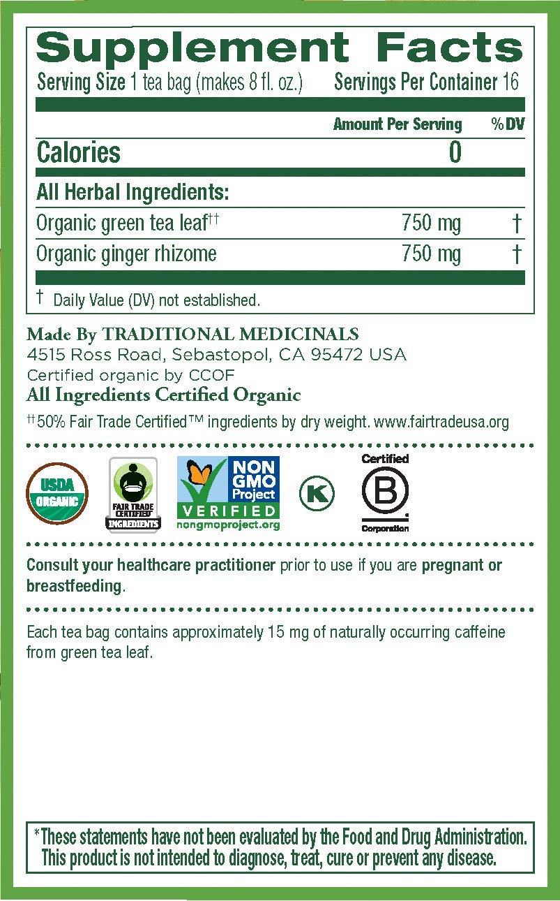 Traditional Medicinals Organic Green Tea Ginger Herbal Tea - 16 Tea Bags, Promotes Healthy Digestion, Pack of 1