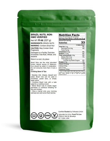 Food to Live Brazil Nuts, Raw & Unsalted, 8 Ounces, Non-GMO, Vegan, Keto Friendly, Bulk Snack