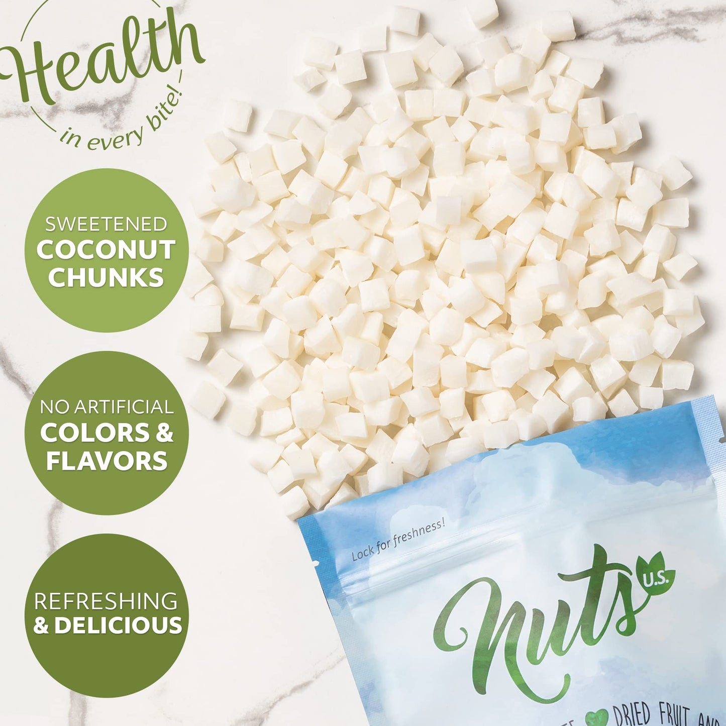 NUTS - U.S. Coconut Chunks, Sweetened, 2 lbs, No Artificial Colors or Flavors, Resealable Bag