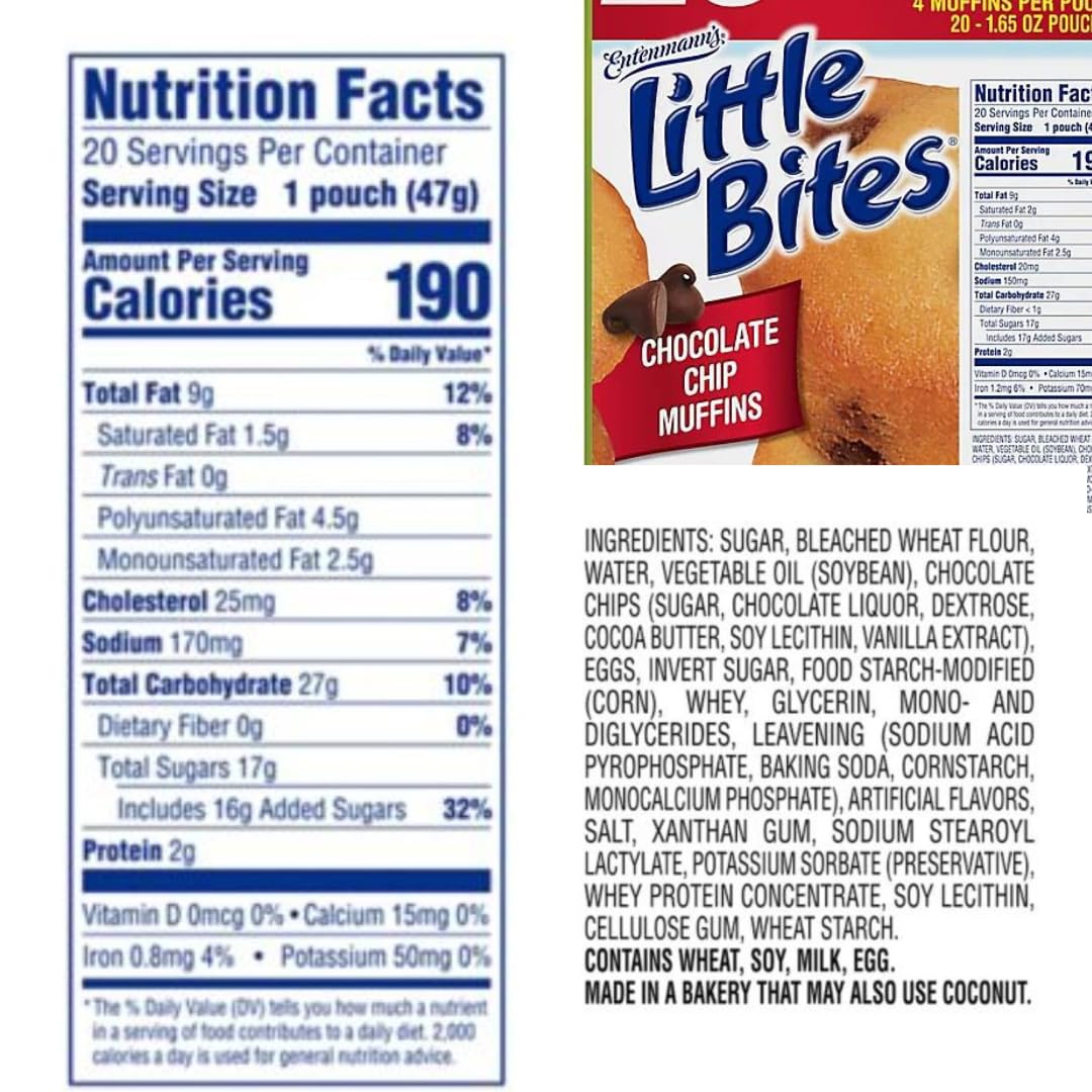 Entenmann s | Little Bites | Chocolate Chip Muffins - 20 Pouches - Party Cake Muffins-20 Pouches |each box 2 LBS 1 OZ- 936g | D