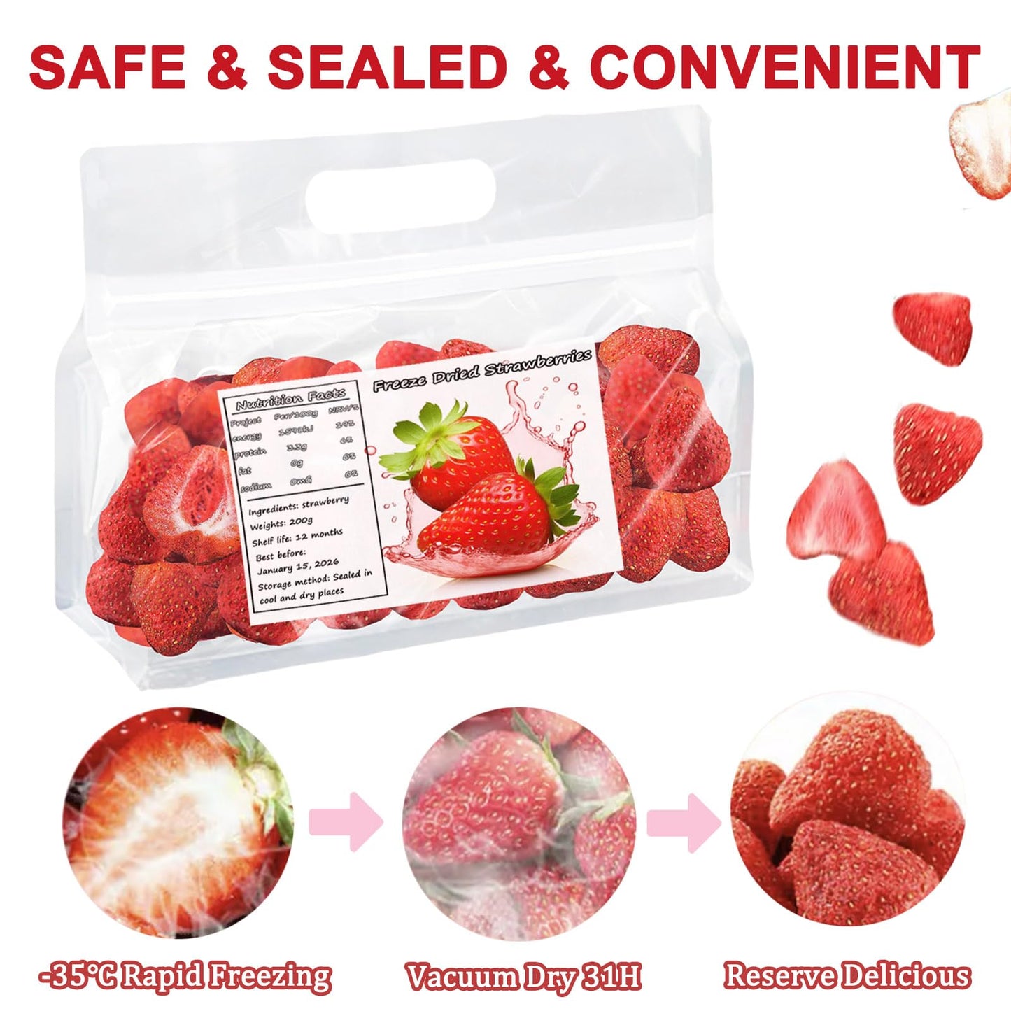Cubierta Freeze Dried Whole Strawberries 7oz Natural Sweet & Sour Crispy Dehydrated Fruit Snack No Sugar Added