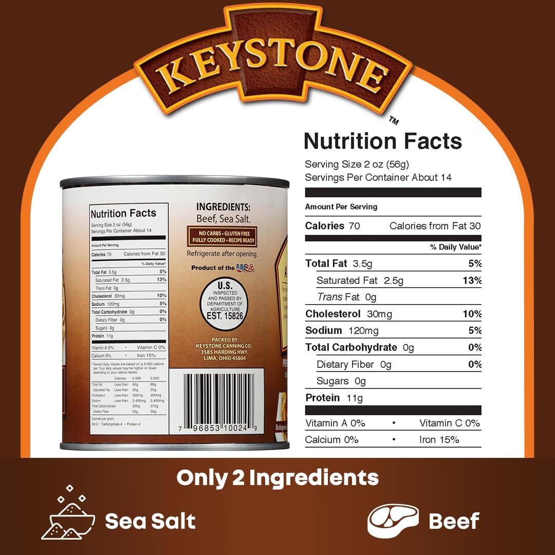 Keystone Meats All Natural Heat And Serve Ground Beef 28 Oz Fully Cooked Canned Meat Shelf Stable Emergency Survival Canned Food