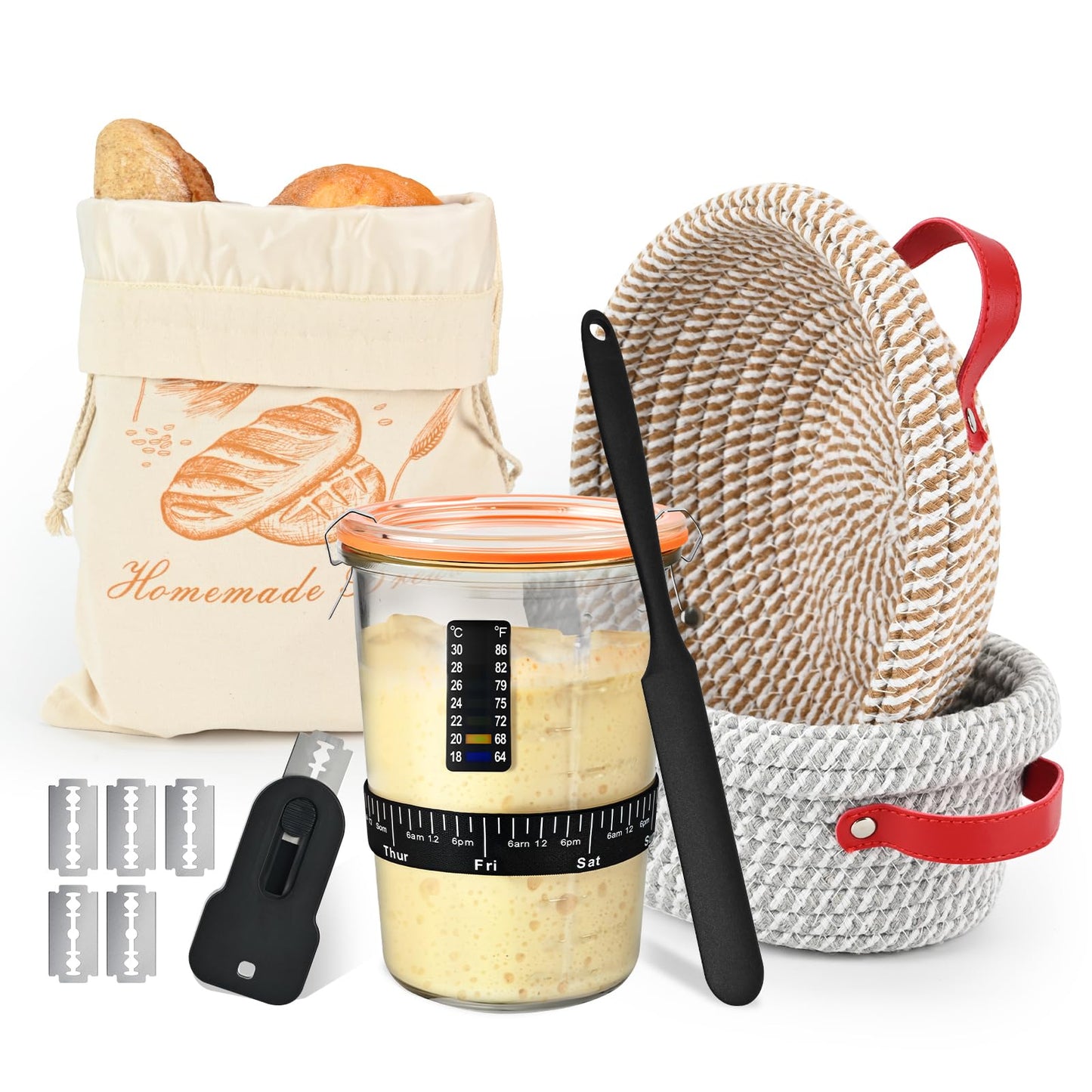 Sourdough Starter Kit Bread Baking Supplies With Sourdough Jar 9 Round & 10 Oval Proofing Basket Magnetic Bread Lame Resuable Bread Bag Breads Making Kit Sour Dough Gifts For Bakers Women Wife Mom