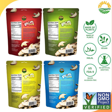 Terraland Shiitake Mushroom Snack Variety Bundle - Original, Wasabi, Spicy, & Sea Salt - Non-Gmo, Vegan - Pack Of 4