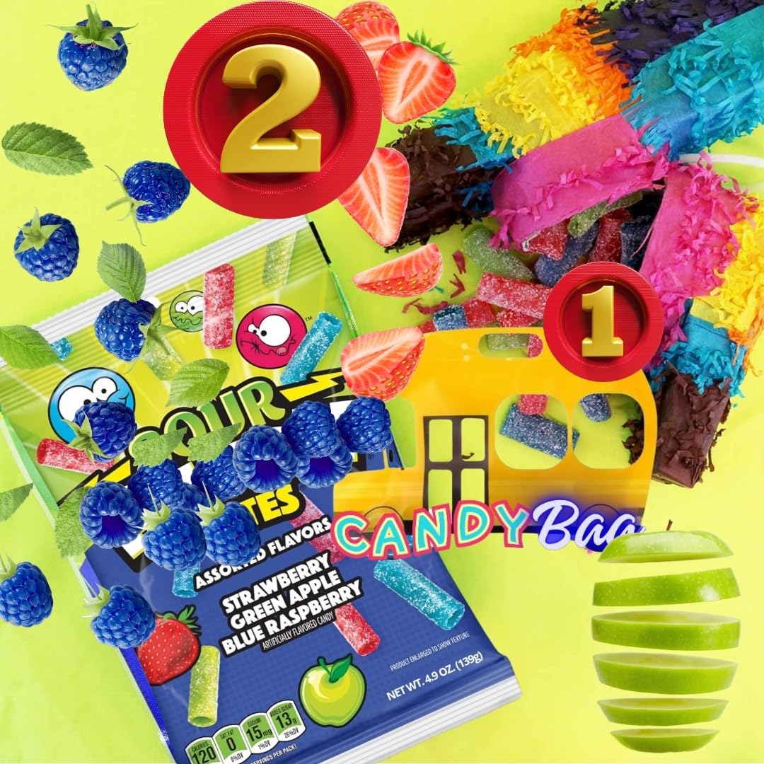 (Pack Of 2) Sour Bites Straws Assorted New Flavors - 4.9Oz Each Bag - Blue Raspberry, Strawberry, Green Apple - Comes With One B