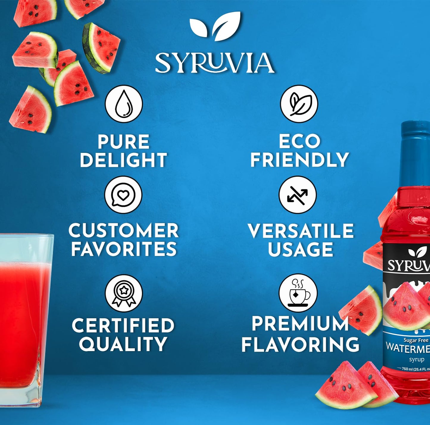 Syruvia Sugar-Free Watermelon Syrup - 25.4 Fl Oz. Premium Flavoring Syrup. 0 Calories, Kosher, And Gluten-Free. Ideal For Enhanc