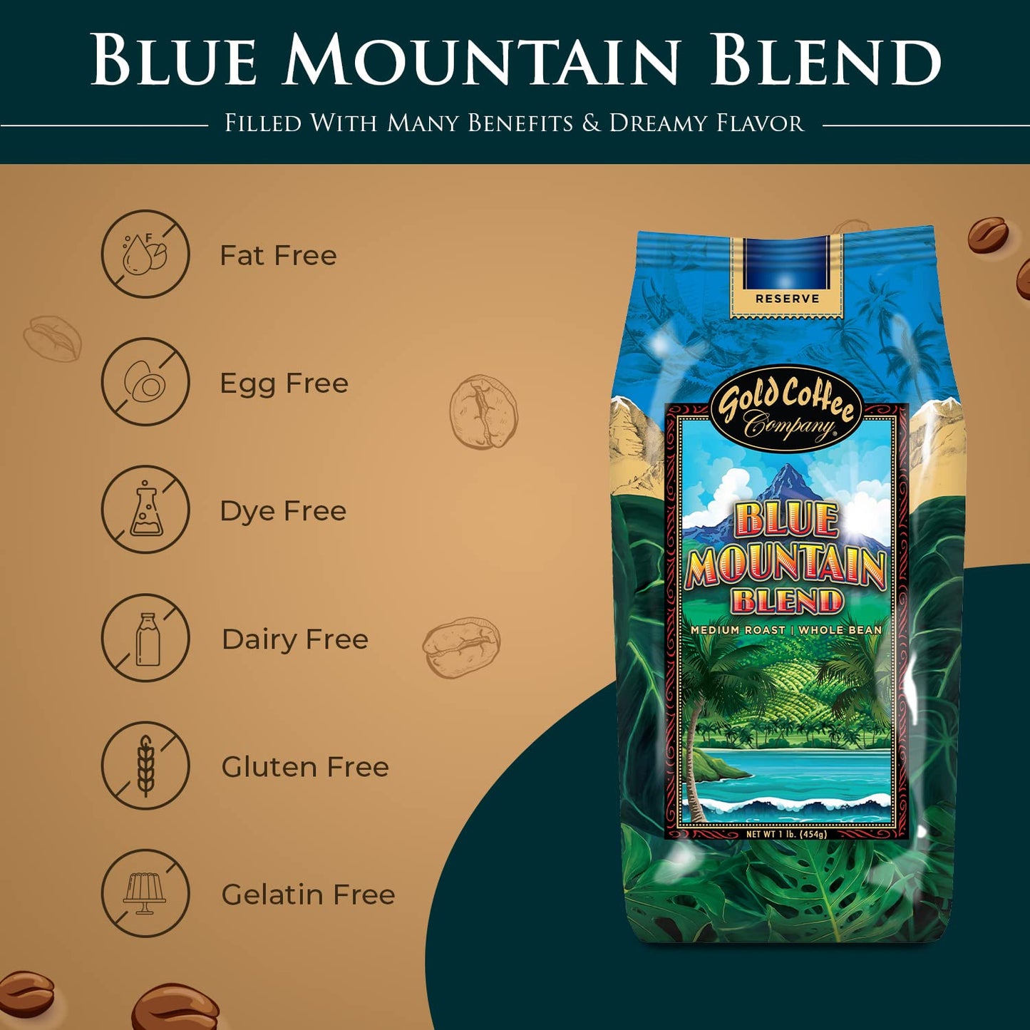 Gold Coffee Blue Mountain Blend 1 Lb Medium Roast Whole Bean Coffee