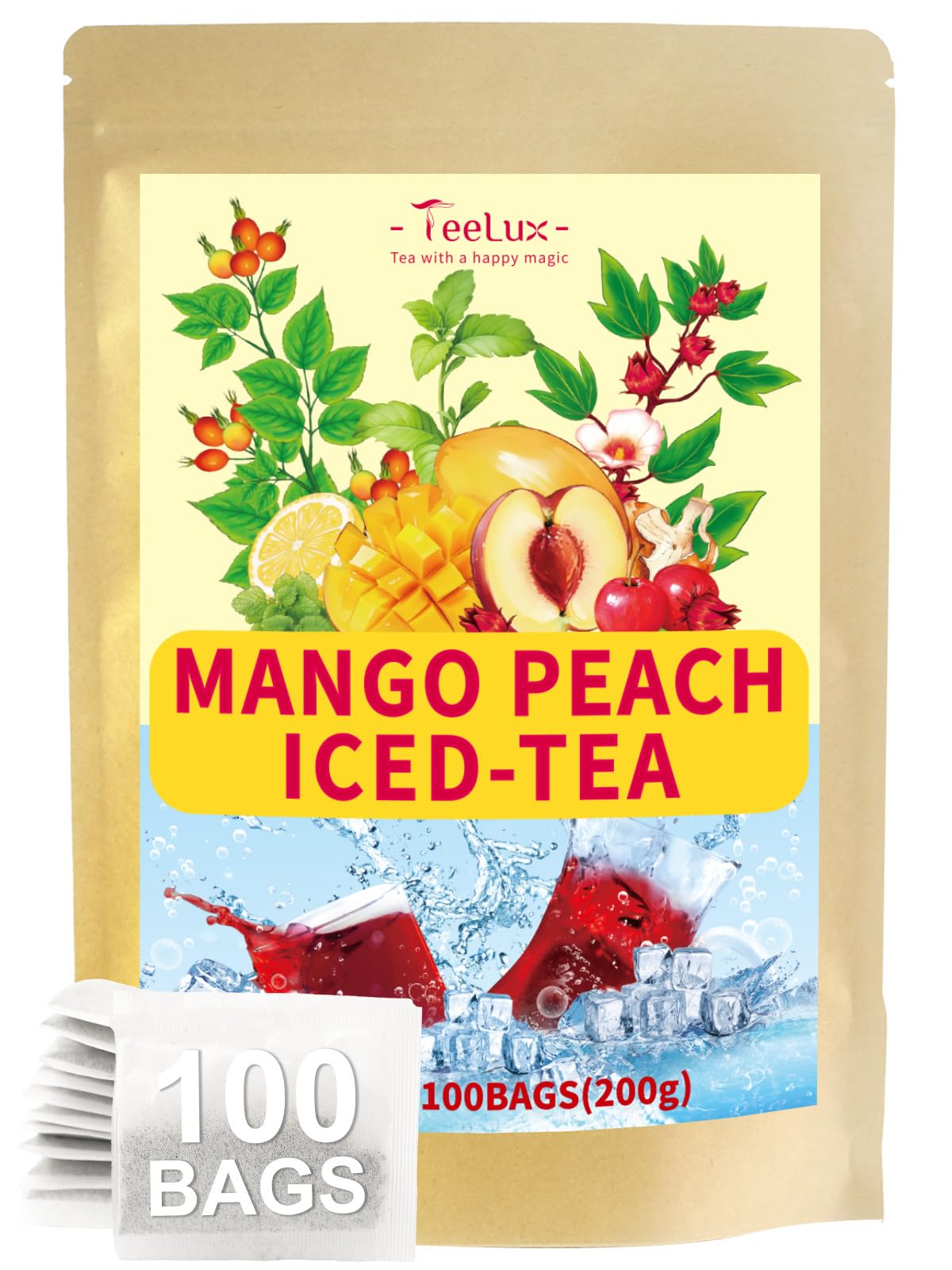 Teelux Mango Peach Iced Tea Rosehips Tea With Hibiscus & Chamomile & Lemon Balm Refreshing Tart & Sweet Taste Energy Blend Free 100 Count