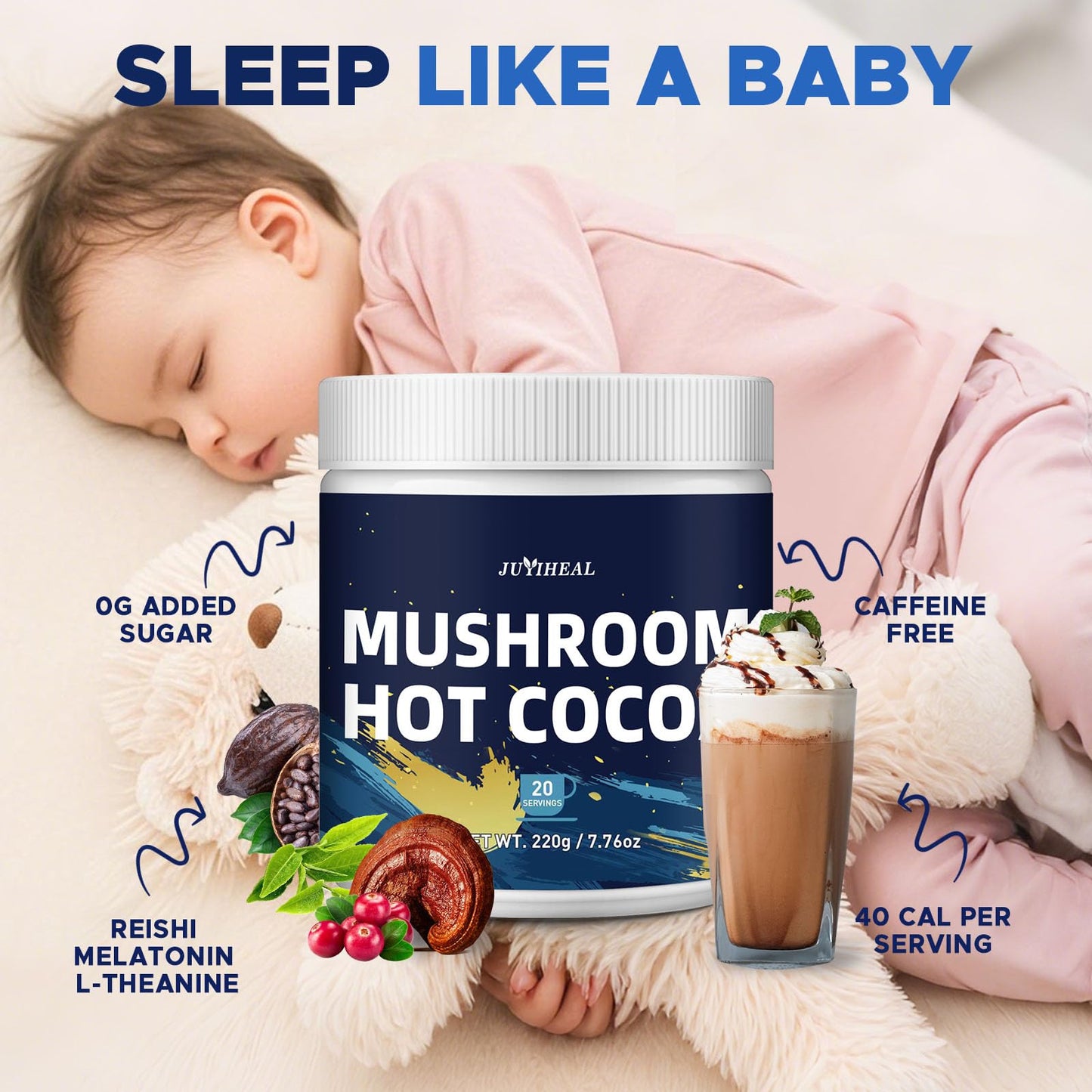 JUYIHEAL Mushroom Hot Cocoa dietary product with Melatonin, Reishi, L-Theanine, 7.76 oz, 20 Servings