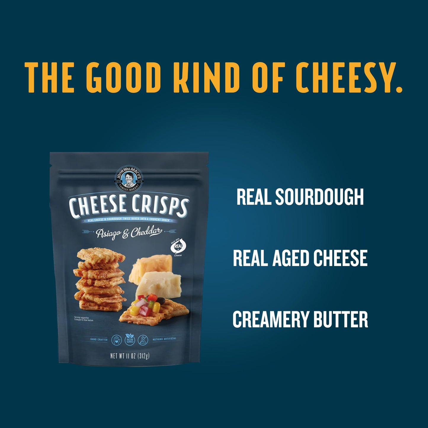 John Wm. Macy - Asiago & Cheddar Cheese Crisps - Hand Crafted, Non GMO, and Nothing Artificial - Made with Real Cheese - 11 oz.