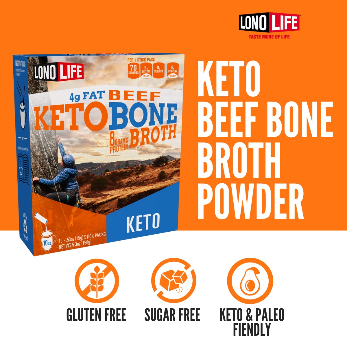 Lonolife - Keto Beef Bone Broth Sticks - 8G Collagen Protein - 4G Fat - Gluten-Free - Keto & Paleo Friendly - Portable Individua