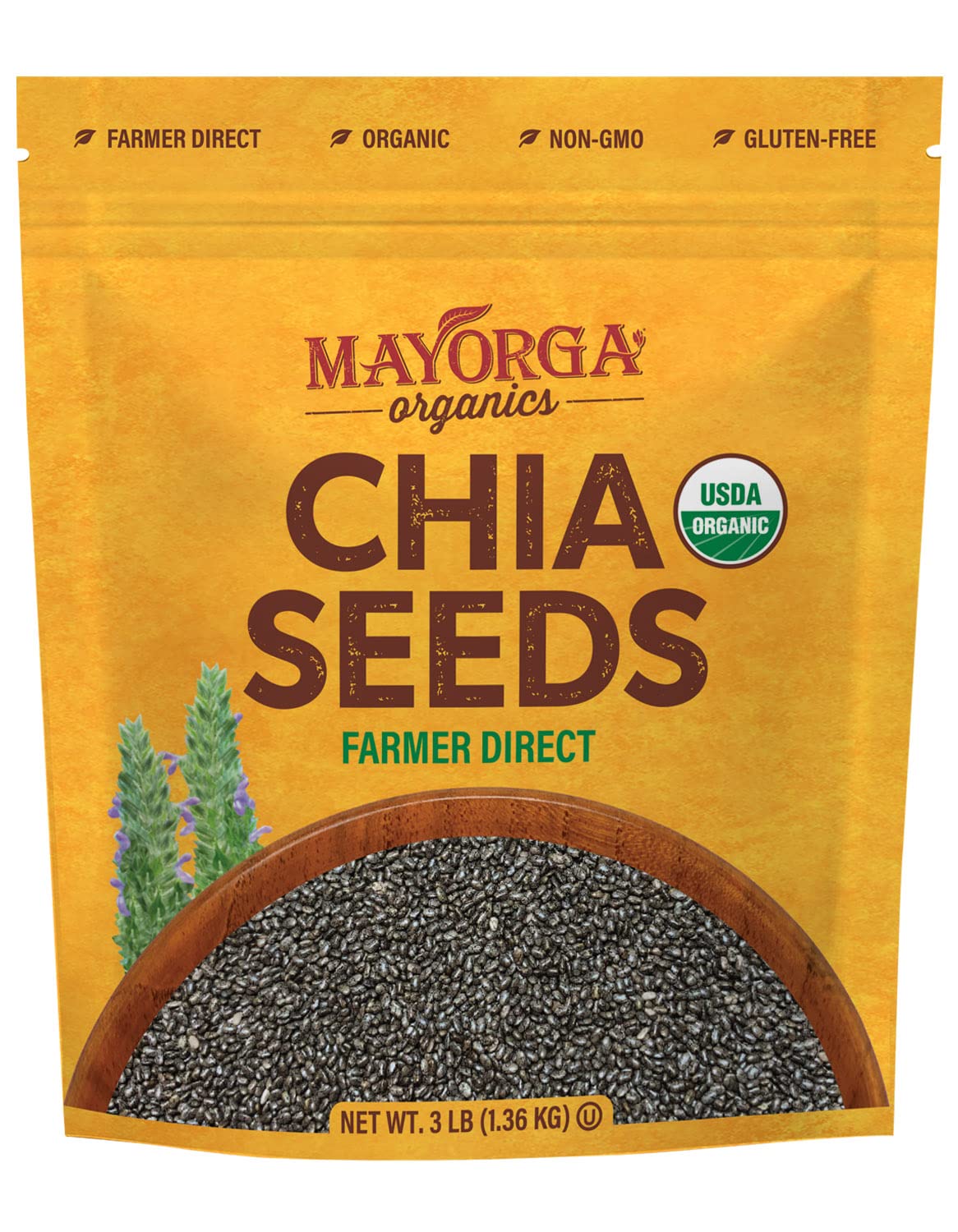 Mayorga Organic Raw Chia Seeds, 3Lb Resealable Bag | Superfood W/Plant-Based Omega 3 & Vegan Protein | Usda Certified, Gluten-Fr