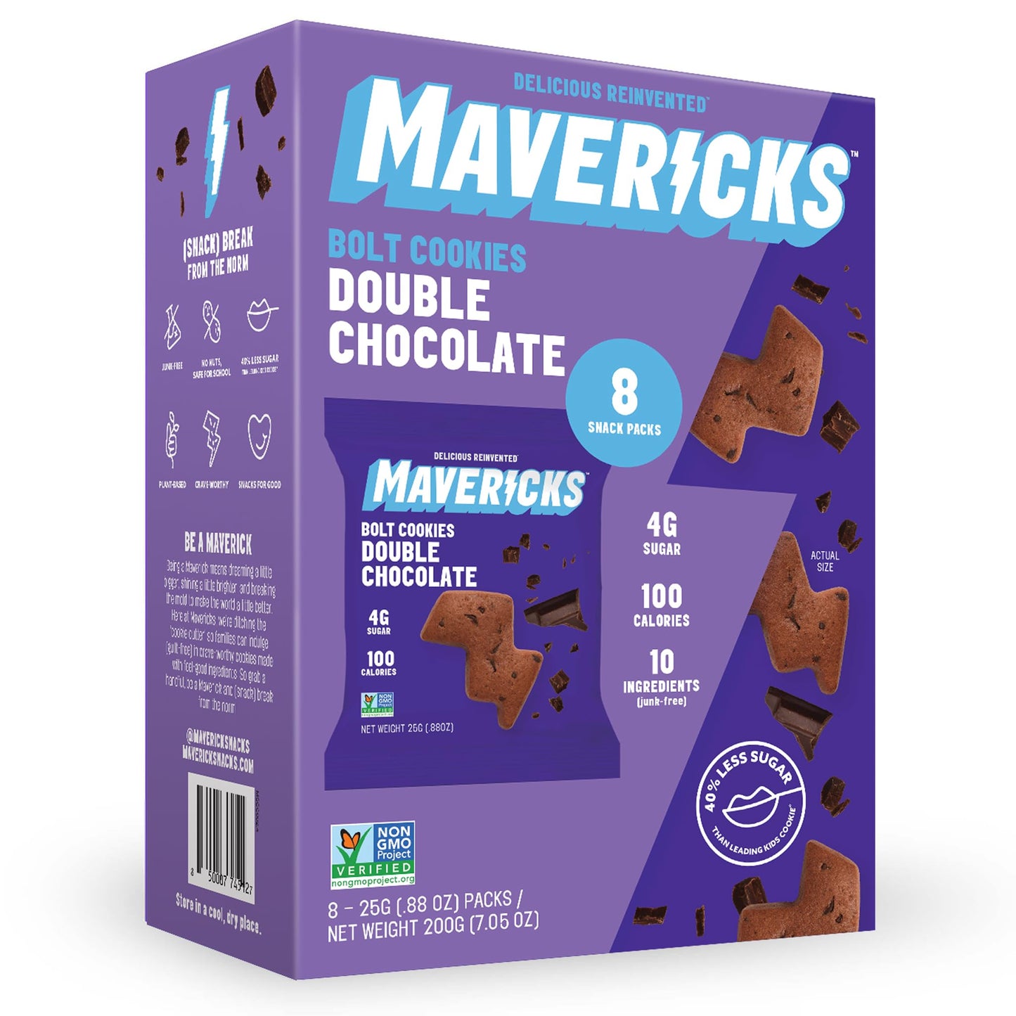 Mavericks Double Chocolate Bolt Cookies - Healthy Chocolate Chip Cookies, Plant-Based Snack for Kids, Nut Free, 40% Less Sugar -