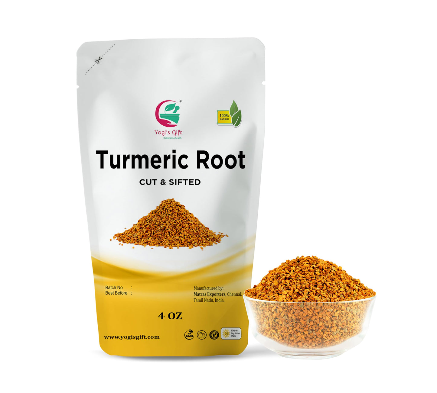 Turmeric Root 4 Oz | Cut And Sifted Dried Turmeric Pieces | Flavourful Indian Spice | Make Healthy Teas Smoothies And Lattes | Curcuma Longa | 100% Pure And Natural | By Yogis Gift