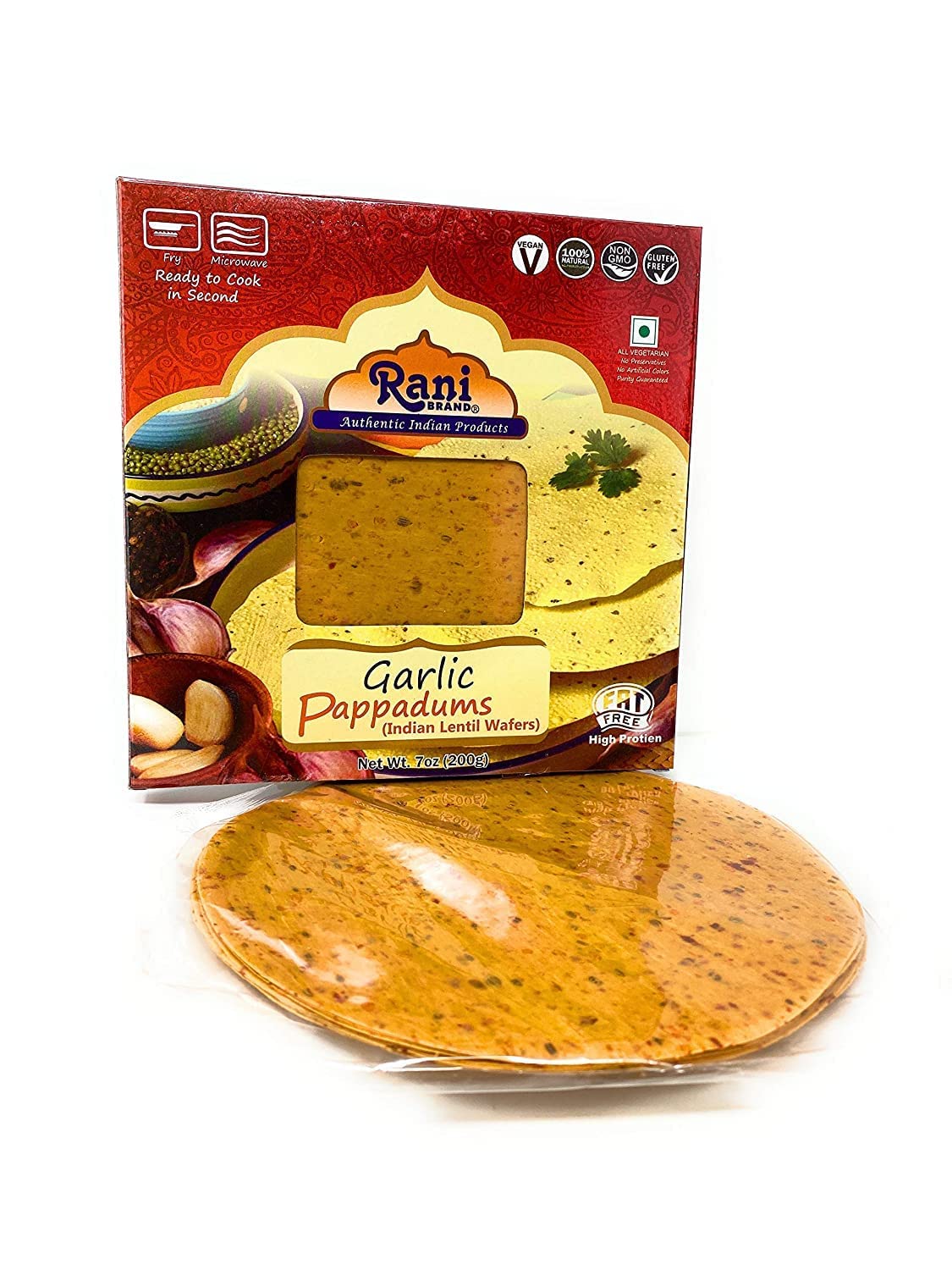 Rani Pappadums (Indian Lentil Wafer Snack) Garlic Papad 7Oz (200G) Approximately 15Pc, 7 Inches, Pack Of 12 ~ All Natural | Glut
