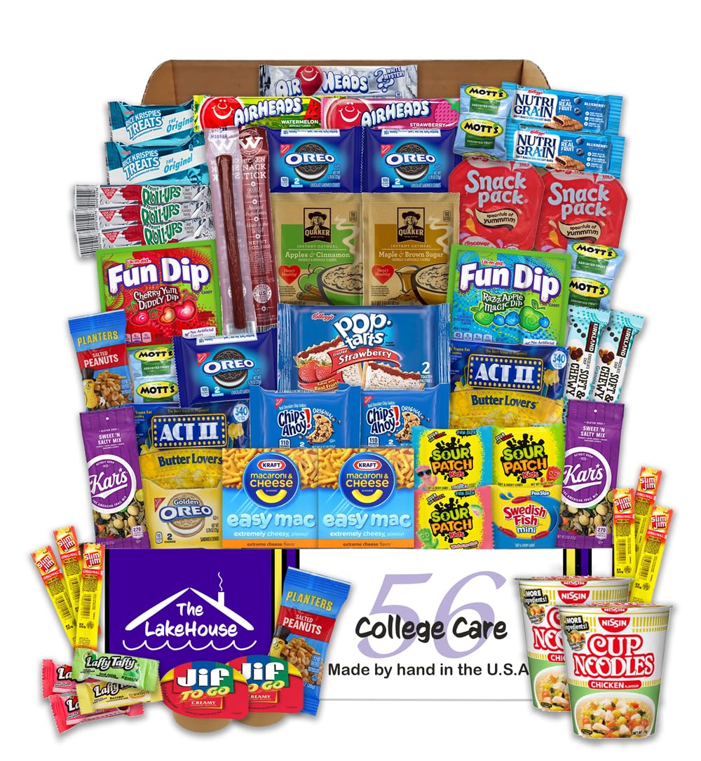 College Care Package For Guys Girls - 56 Count Snack Box Variety Pack - Care Packages For College Students - Dorm Snacks - College Dorm Room Essentials - College Food - Gift Basket From The Lakehouse