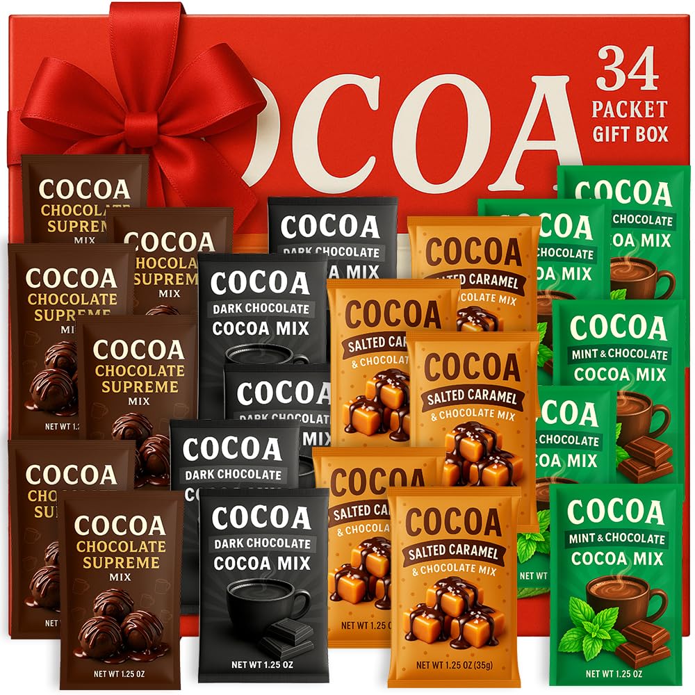 Hot Chocolate Cocoa Mix Variety Gift Pack 34 Individual Packets - Dark Chocolate Salted Caramel Mint & Chocolate Supreme Flavors - Instant Hot Cocoa Holiday Winter Christmas Gift