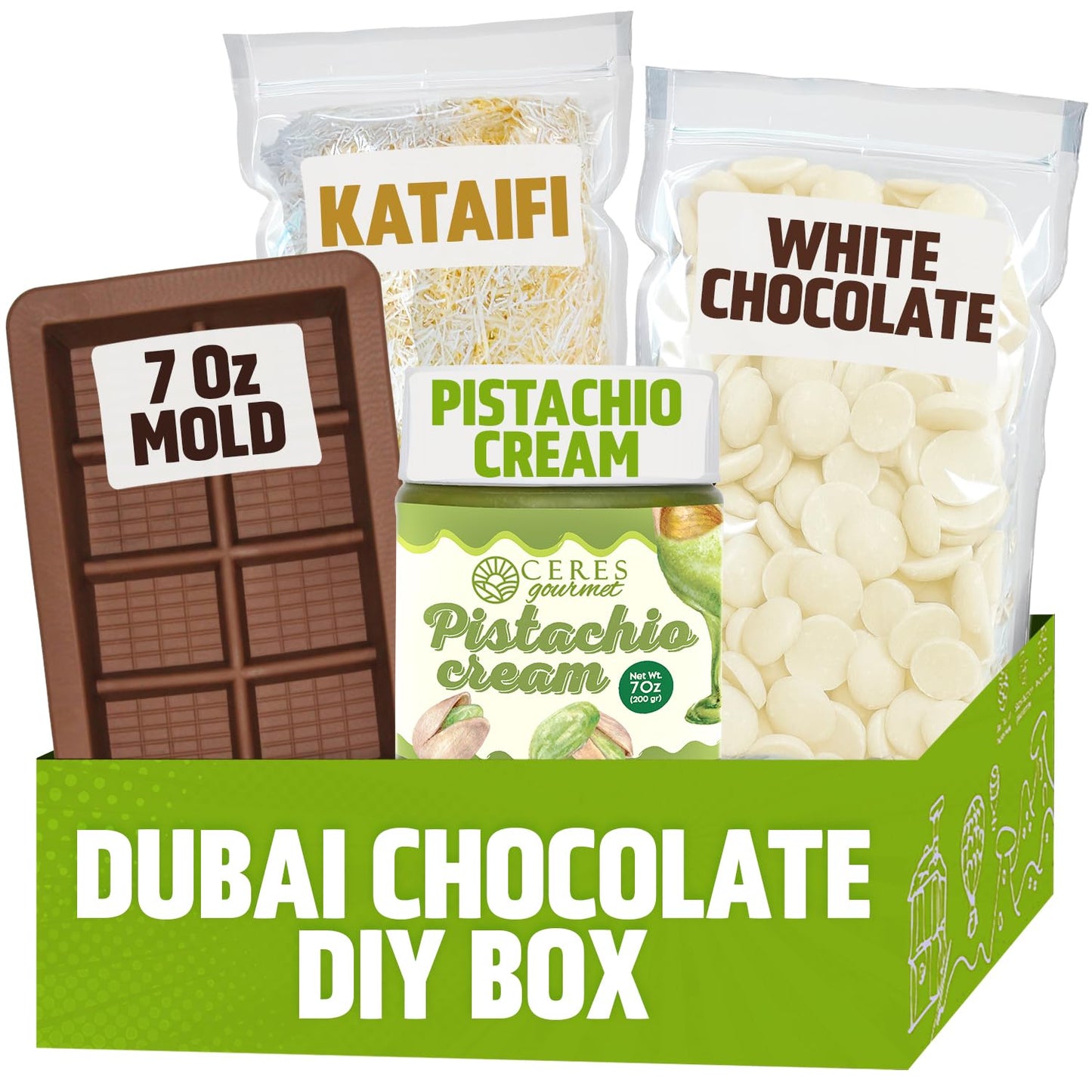 Dubai White Chocolate Bar Diy Kit – Includes Reusable Mold, 12.3 Oz White Melting Wafers, 3.5 Oz Crunchy Kataifi, 7 Oz Pistachio Spread – Gourmet Gift Kit For Chocolate Lovers