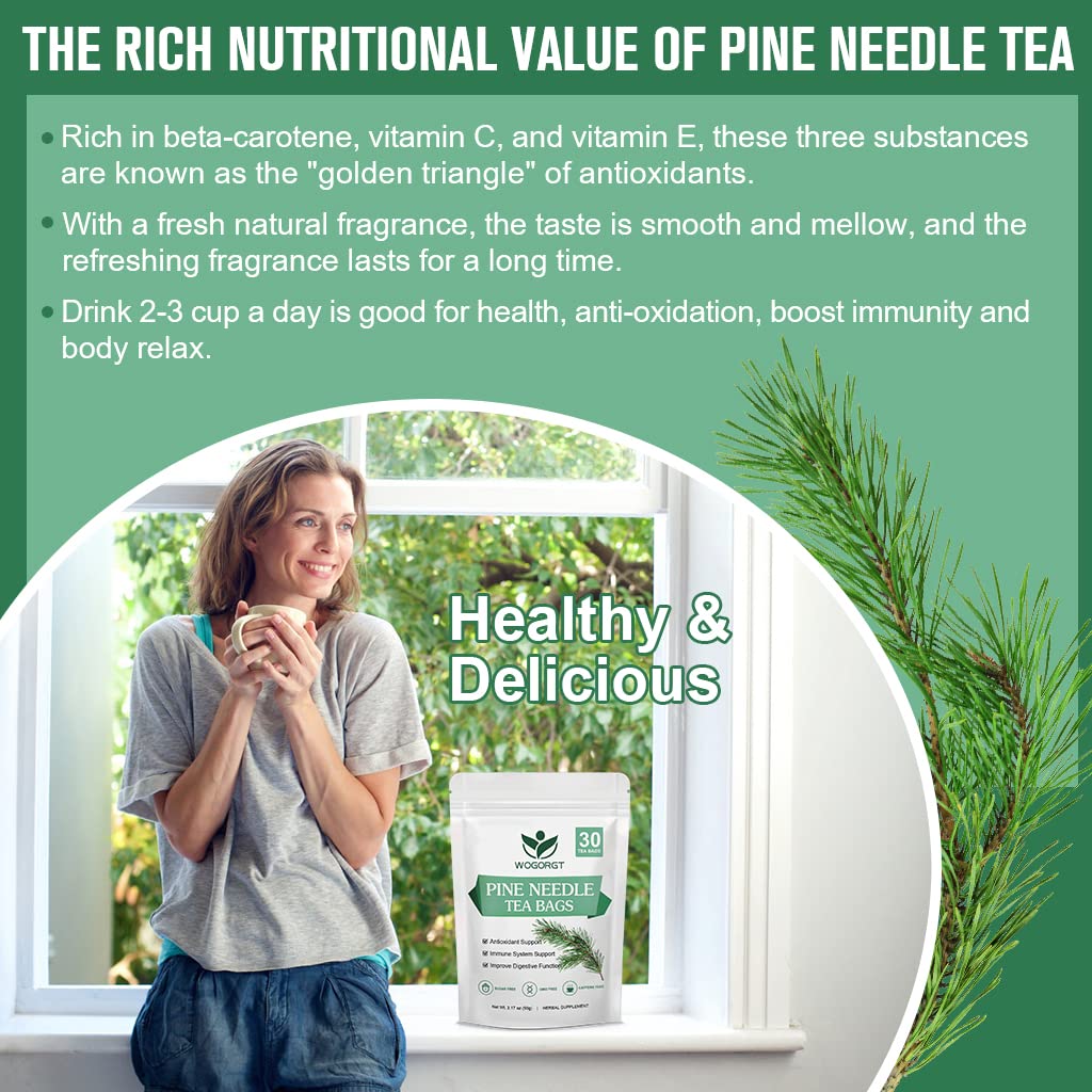 WOGORGT Organic Dried Pine Needle Tea Bags - Caffeine Free Herbal Tea for Immune Support, 30 Count, 30 Teabags