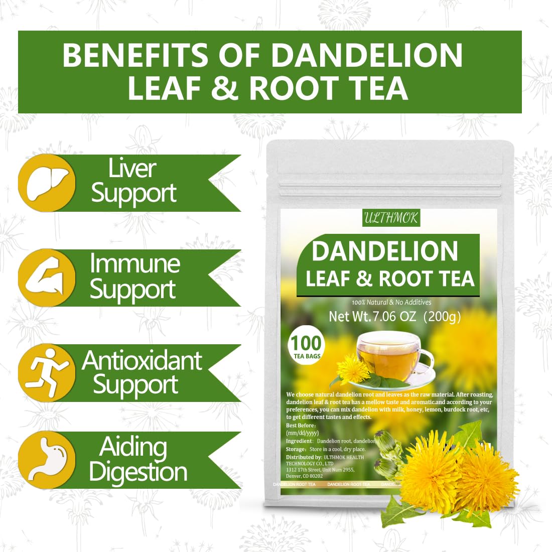 ULTHMOK Dandelion Leaf & Root Tea - 100 Tea Bags, Caffeine Free, Supports Digestion, 7.06 Oz