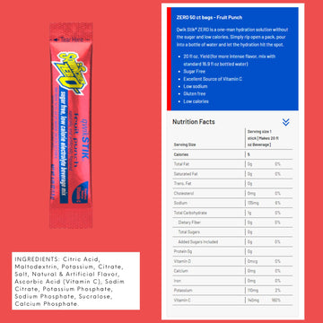 Sqwincher Qwik Stick .11 Ounce Powder Concentrate Sticks Fruit Punch Lite Electrolyte Drink - Yields 20 Ounces (50 Each Per Package)
