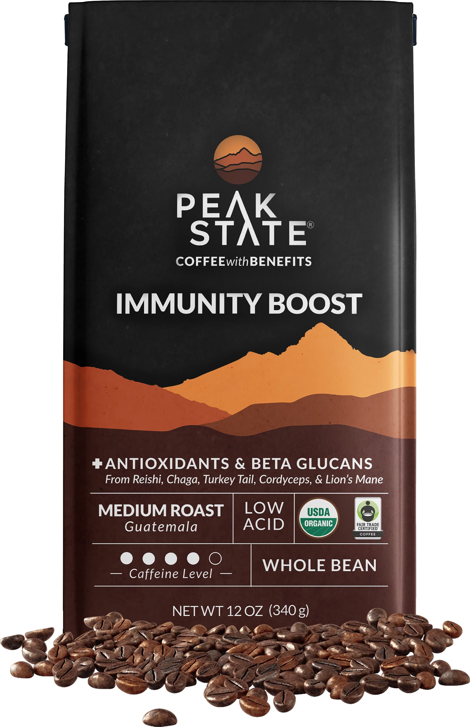 Peak State Coffee With Functional Mushrooms, Low Acid, Whole Bean (Focus, Boost Immunity, & Destress) (Immunity Boost)