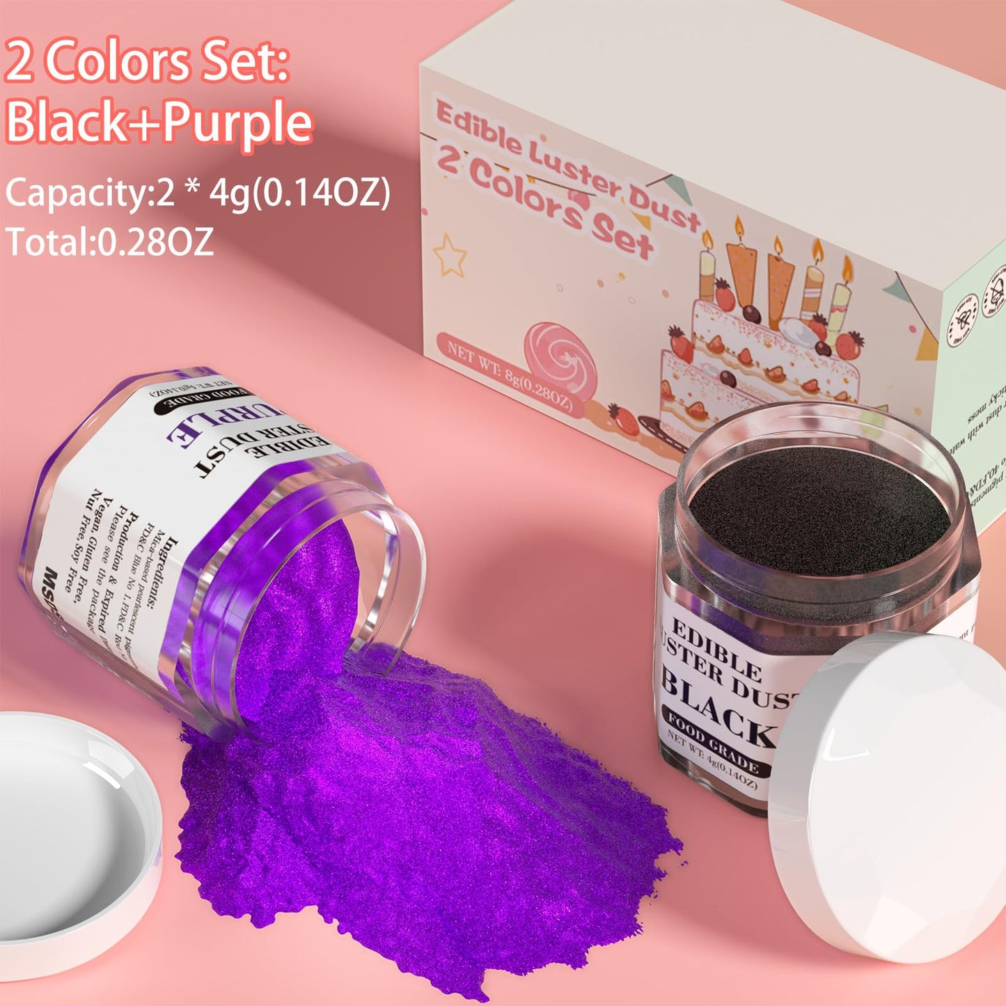 Luster Dust Edible Set - 2 Colors Food Grade Cake Dust Shimmer Powdered, Cherrysea Powder Food Coloring for Cocktails, Cookie De