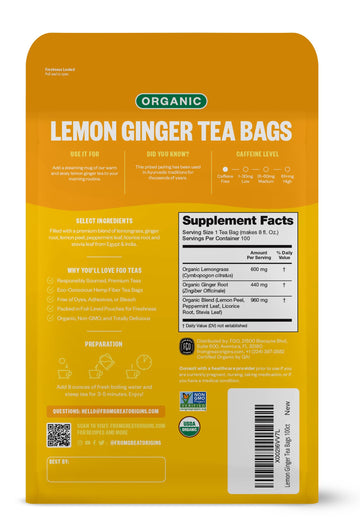 Fgo Organic Lemon Ginger Tea, Eco-Conscious Tea Bags, 100 Count, Packaging May Vary (Pack Of 1)