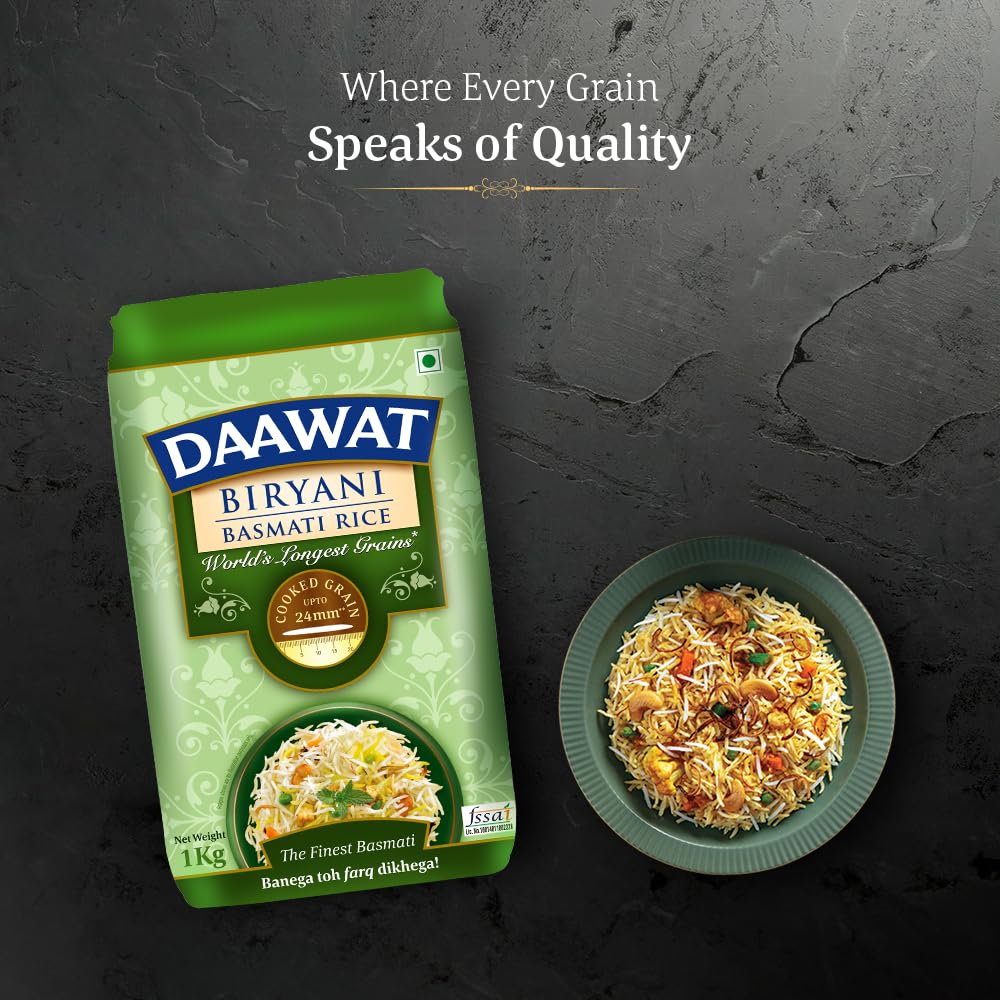 Daawat Biryani Basmati Rice| Worlds Longest Rice Grain Expands 24Mm* | Tasty, Non-Sticky & Rich Aroma |Naturally Aged|1 Kg