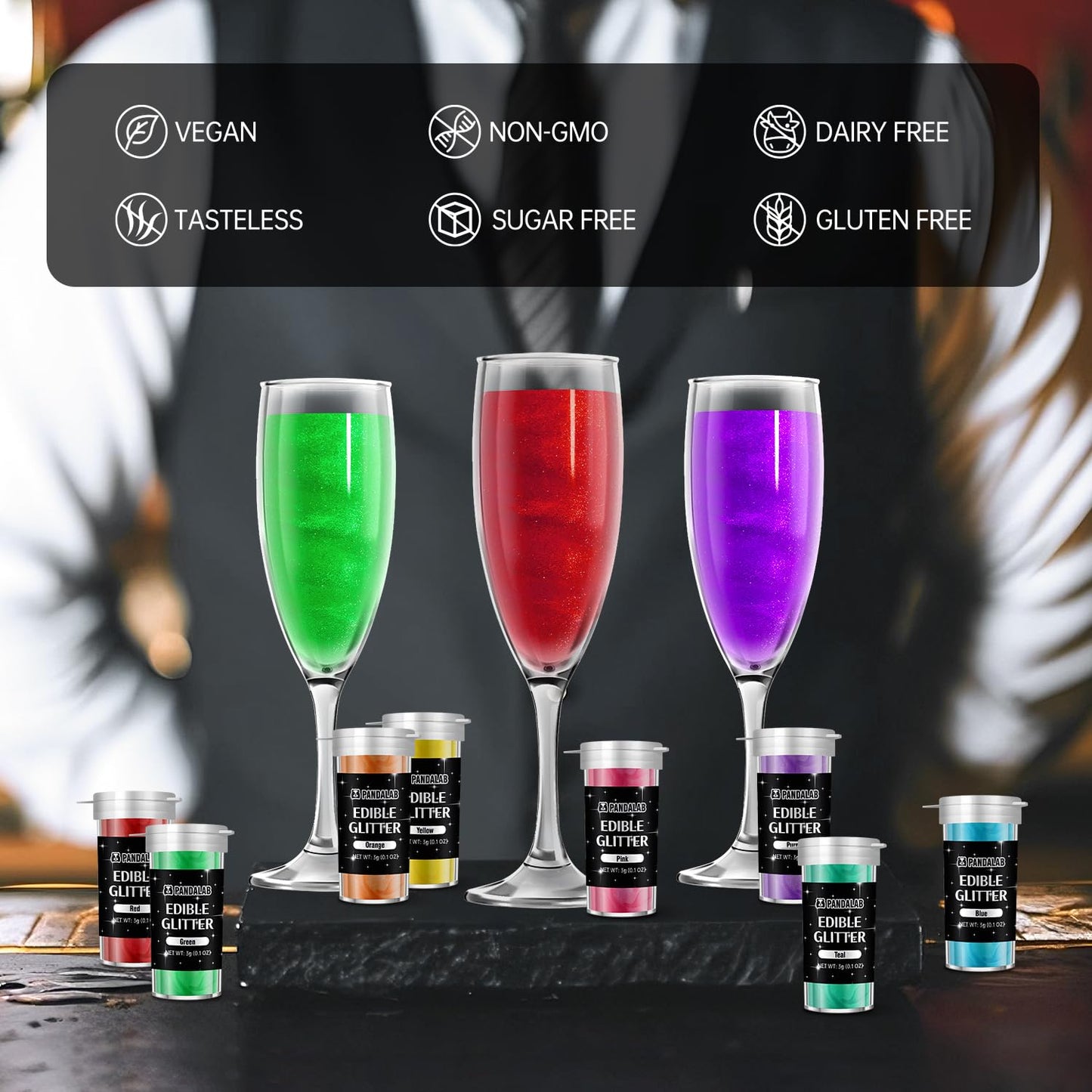 Pandalab Edible Glitter - Food Grade Luster Dust for Cakes, Cocktails, and Desserts - 8 Colors, 0.1oz (3g) Bottle
