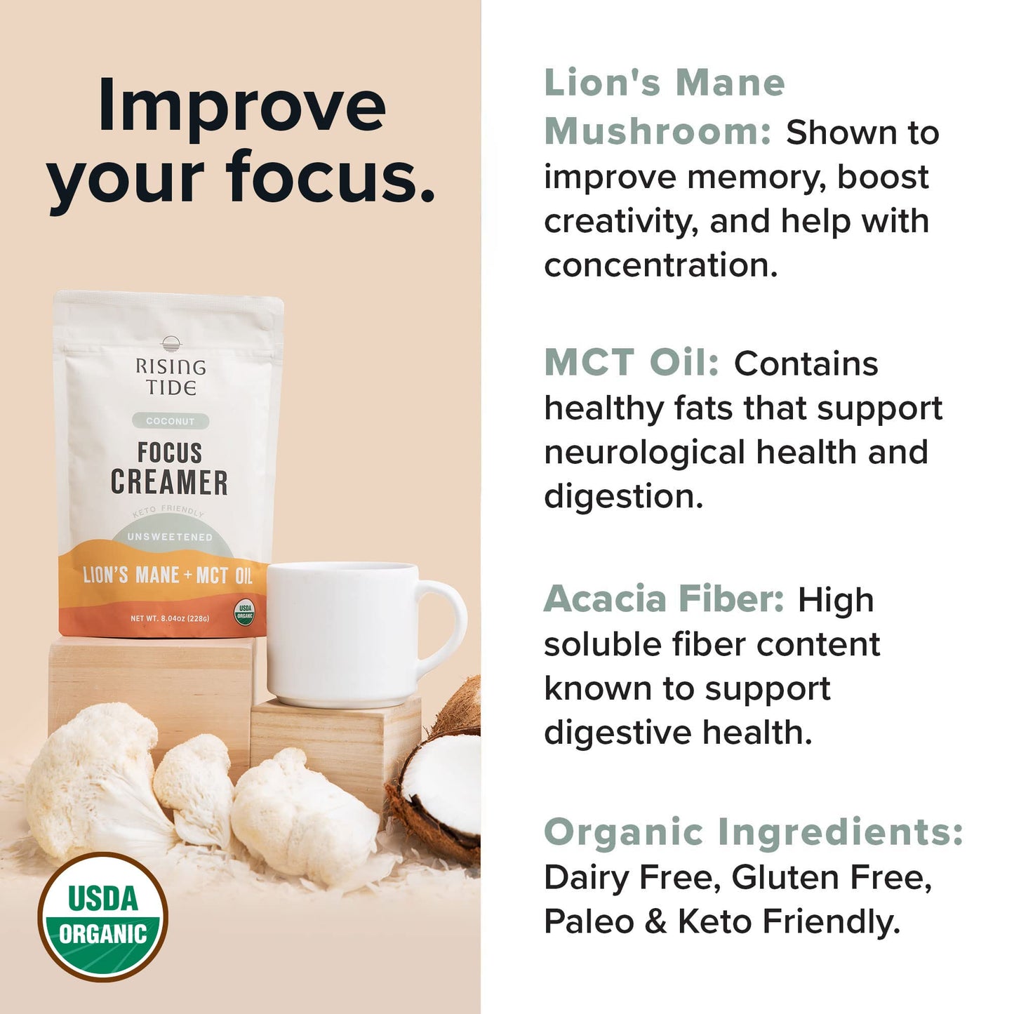 Rising Tide Focus Mushroom Coffee Creamer - Creamy Coconut Powdered Creamer - Superfood Blend For Enhanced Energy And Focus - No