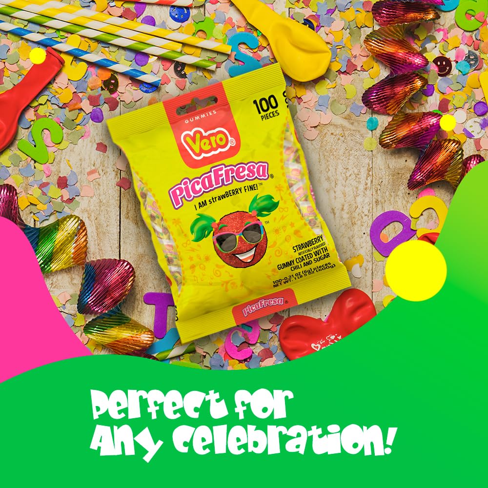 Vero Pica fresa - Strawberry Flavored Chewy Gummy Candy - 100 Piece (Pack of 1)- (1 Lb 5.15 Ounces Each) - Individually Wrapped Mexican Candy Perfect for Piatas Halloween and More