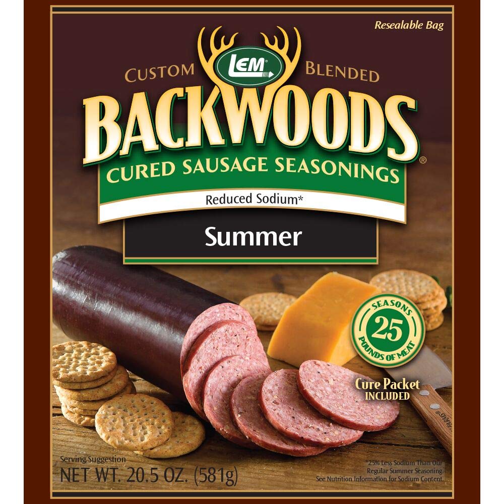 Lem Products Backwoods Reduced Sodium Summer Sausage Cured Sausage Seasoning, Ideal For Wild Game, Seasons Up To 25 Pounds Of Meat, 20.5 Ounce Packet With Pre-Measured Cure Packet Included
