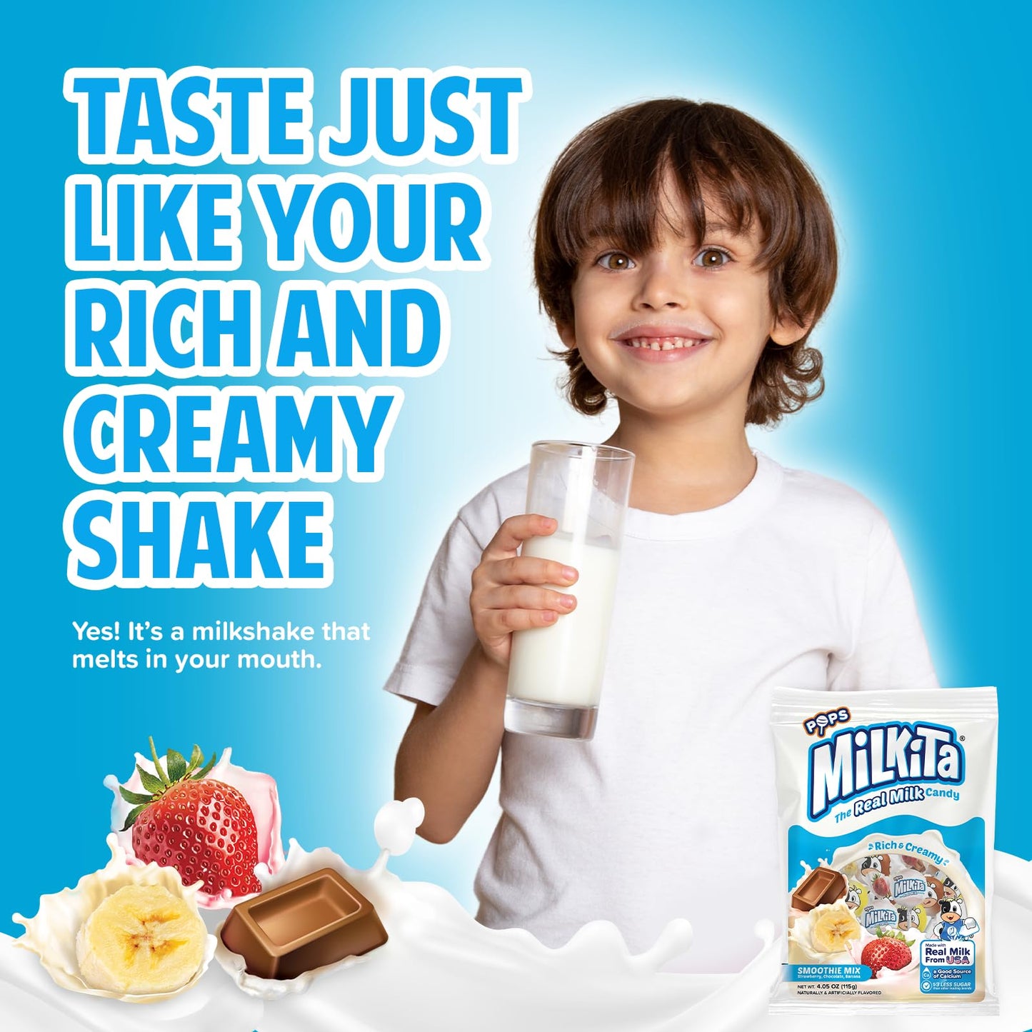 Milkita The Real Milk Lollipop Bag, Gluten Free Chewy Candies With Calcium & Real Milk, Zero Trans Fat, Low-Sugar, Smoothie Flavors (Strawberry, Chocolate, Banana), 10 Pcs