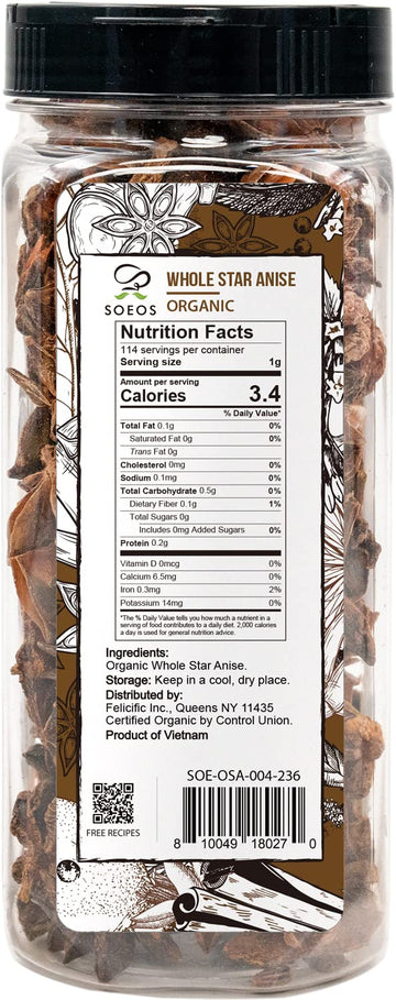 Soeos Organic Star Anise, Whole Star Anise 4 oz (114g), Chinese Star Anise Pods, Star Anise Organic Whole, Non-GMO Verified, Dri