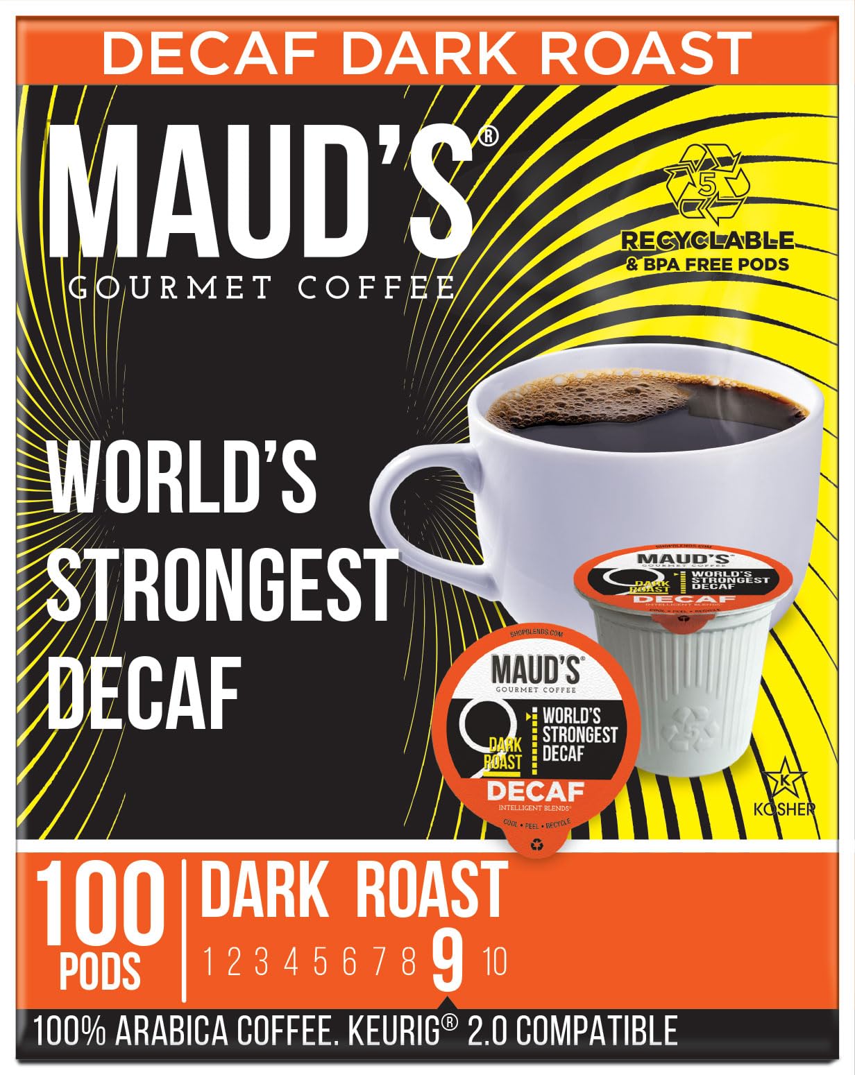 Maud'S Decaf World'S Strongest Dark Roast Coffee Pods, 100 Ct | Decaf World'S Strongest | 100% Arabica Dark Roast Coffee | Solar