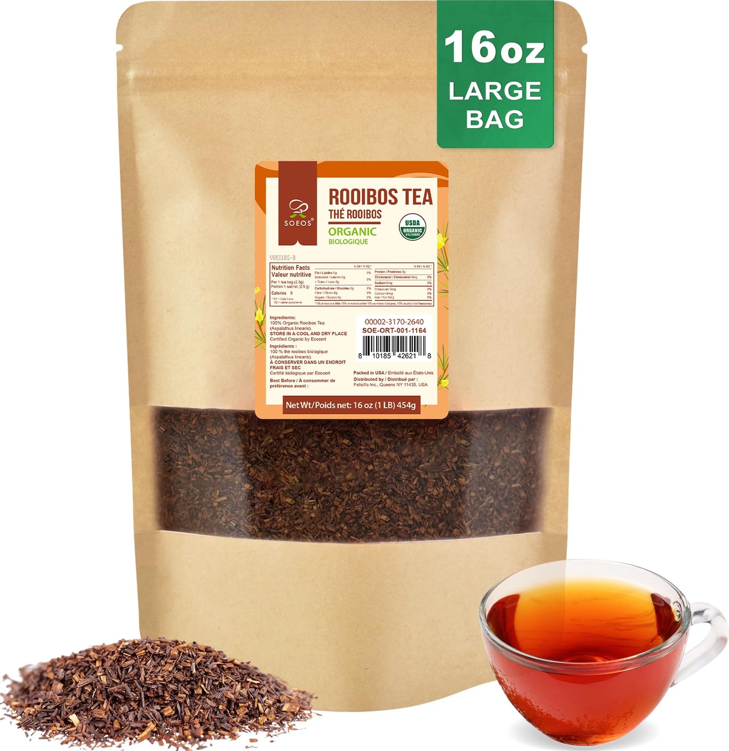 Soeos Organic Red Rooibos Loose Leaf Tea 16 Ounce (1Lb) Naturally Energy Blend-Free Herbal Tea Usda And Non-Gmo Certified Gluten Free Keto Friendly Rich Aroma & Smooth Flavor South African Grown Perfect For Hot Or Iced Tea