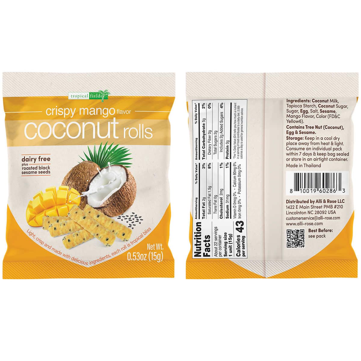 Tropical Fields Crispy Coconut Rolls - Dairy Free with Roasted Sesame Seeds, Mango & Blueberry Flavors, Perfect Snack Treat