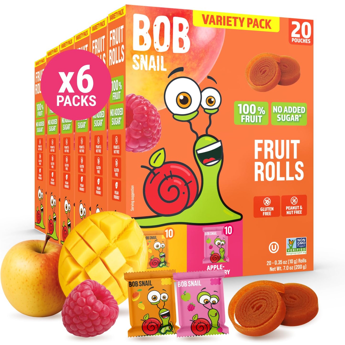 Bob Snail Fruit Roll Ups - Mango & Raspberry Flavor Mix, Real Fruit Snacks with No Added Sugar, Vegan & Gluten-Free, Value Pack