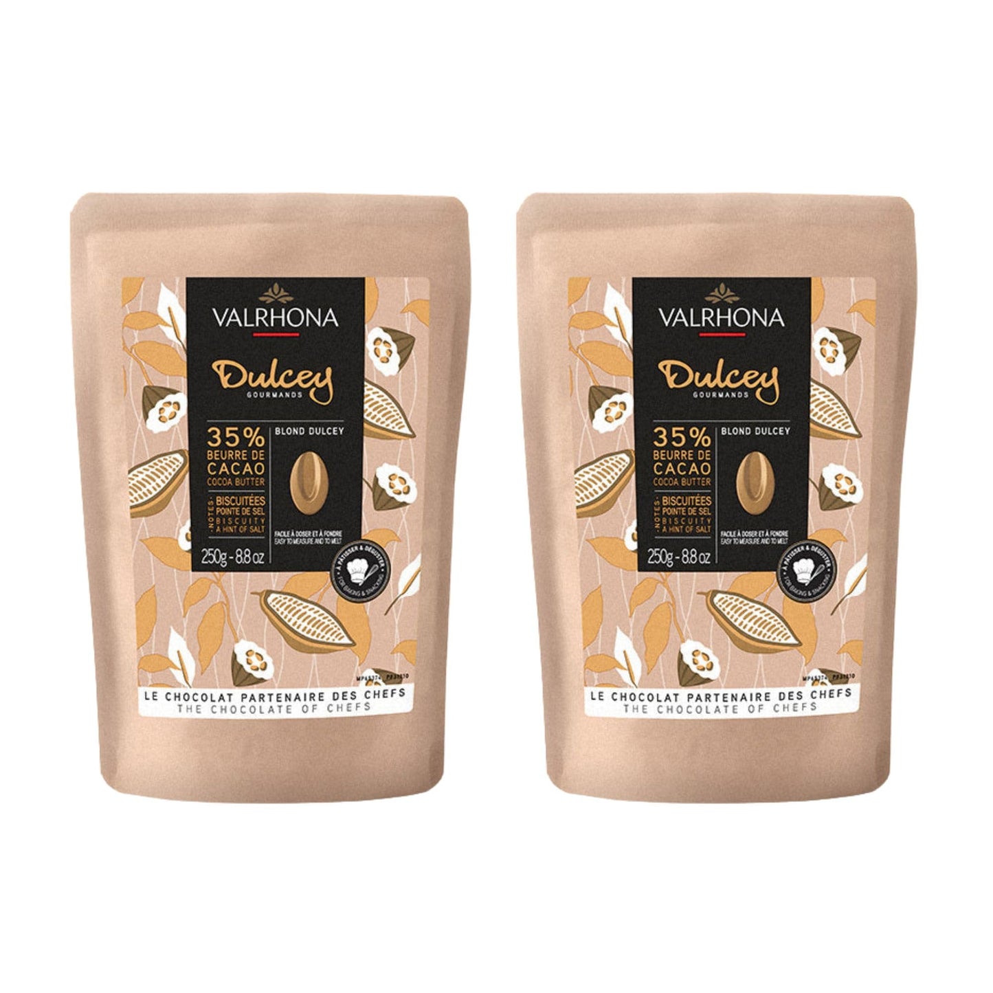 Valrhona Top-Grade French Baking Blonde Chocolate Discs (Feves). Dulcey 35% Cacao. Creamy Caramel Cookie Flavor Notes. Easy Melt & Tempering. Creamy Balanced For Luscious Frostings. 250G (Pack Of 2)