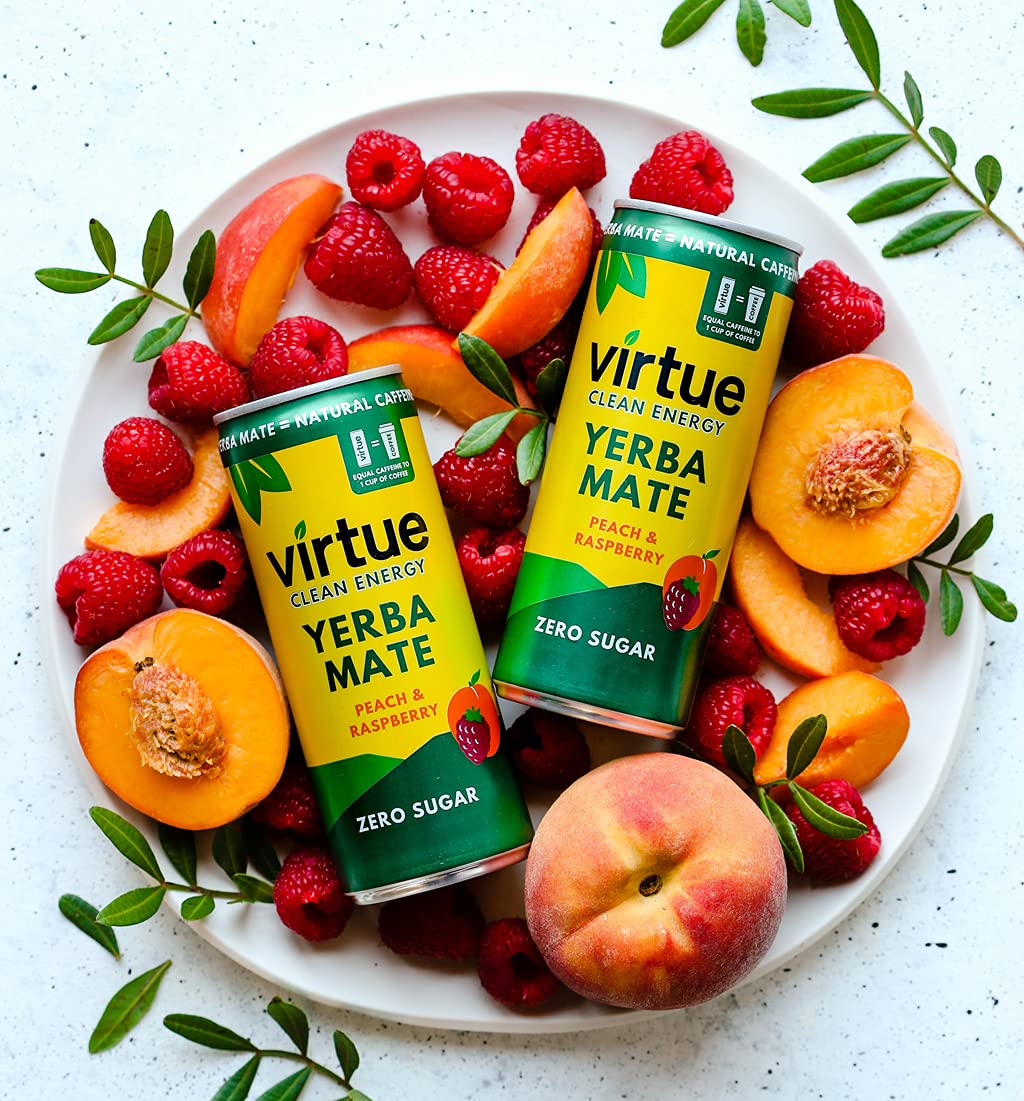 Virtue Yerba Mate, Peach & Raspberry - Natural Energy Drink - Sugar Free, Zero Calories, 8.4 oz (Pack of 12)