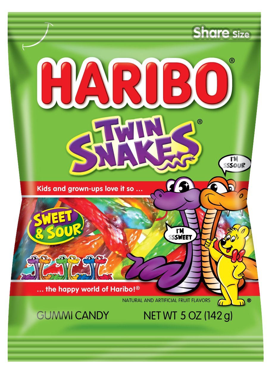 Haribo Gummi Candy, Twin Snakes Sweet & Sour Gummy Candy, 5 Ounce Share Size Bags (Pack Of 12) Delicious Soft & Chewy Snacks, Assorted Fruity Flavors