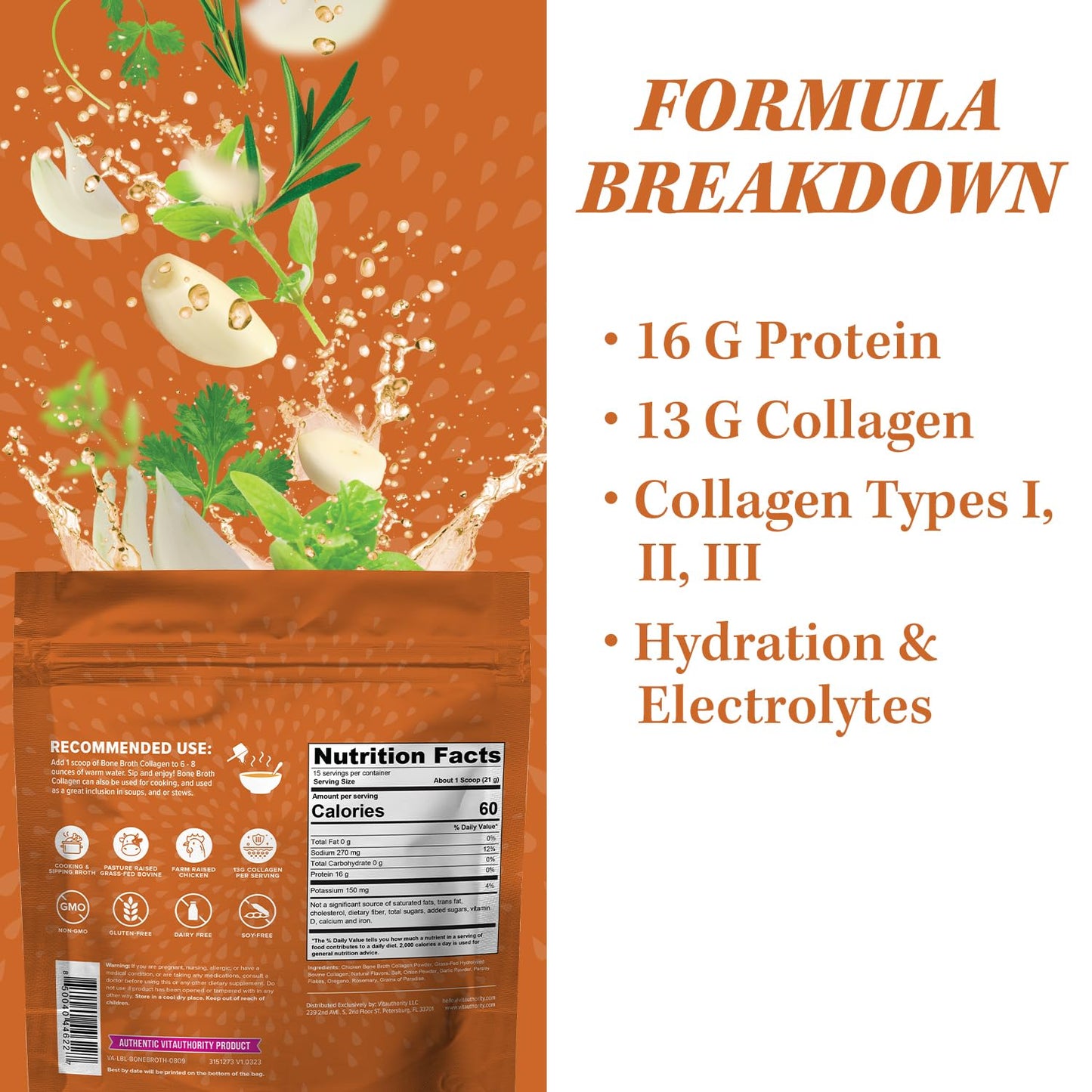 Vitauthority Bone Broth Collagen Chicken Noodle Flavor - 15 Servings - 16g Protein, Types I, II, III