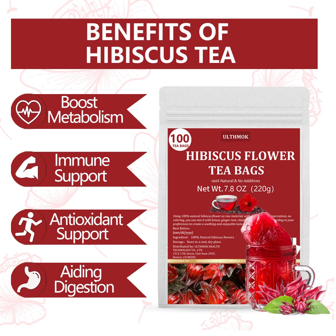ULTHMOK Premium Hibiscus Tea Bags - 100% Pure Dried Hibiscus Flower, Caffeine Free, 100 Count