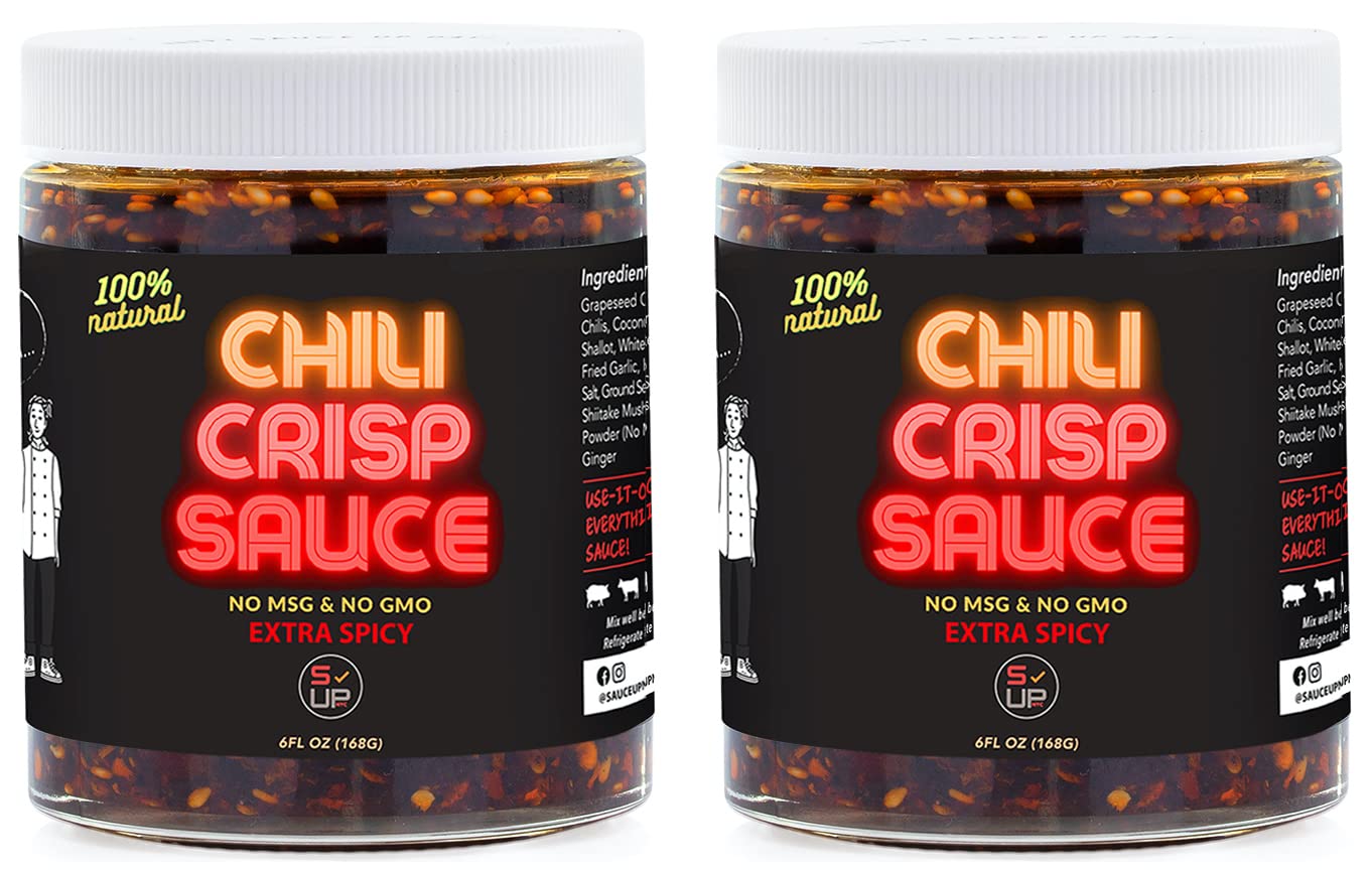 SAUCE UP Extra Spicy Chili Crisp Sauce - Vegan, Gluten-Free, 2 Pack (6oz Each) - Artisan Gourmet Crispy Condiment, No MSG