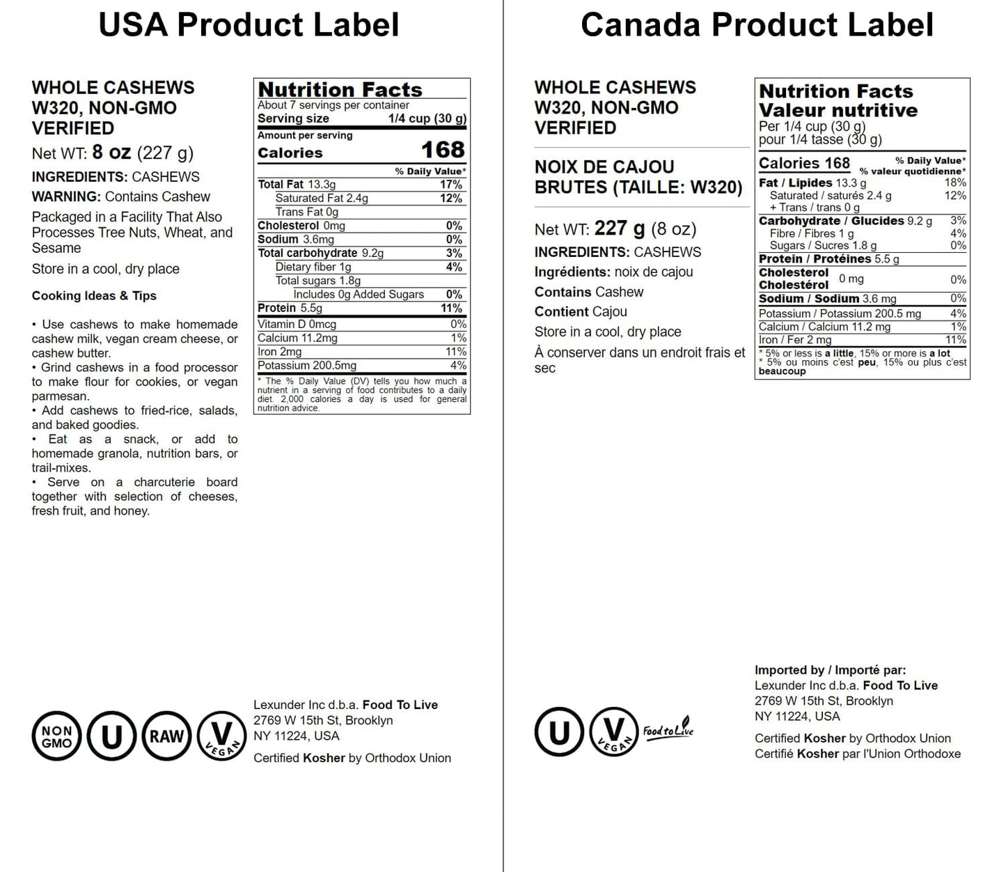 Food To Live Raw Cashews, 8 Ounces - Deluxe Whole Nuts, Unsalted, Unroasted Fancy Snack, Size W-320, Kosher, Vegan, Bulk, A Good